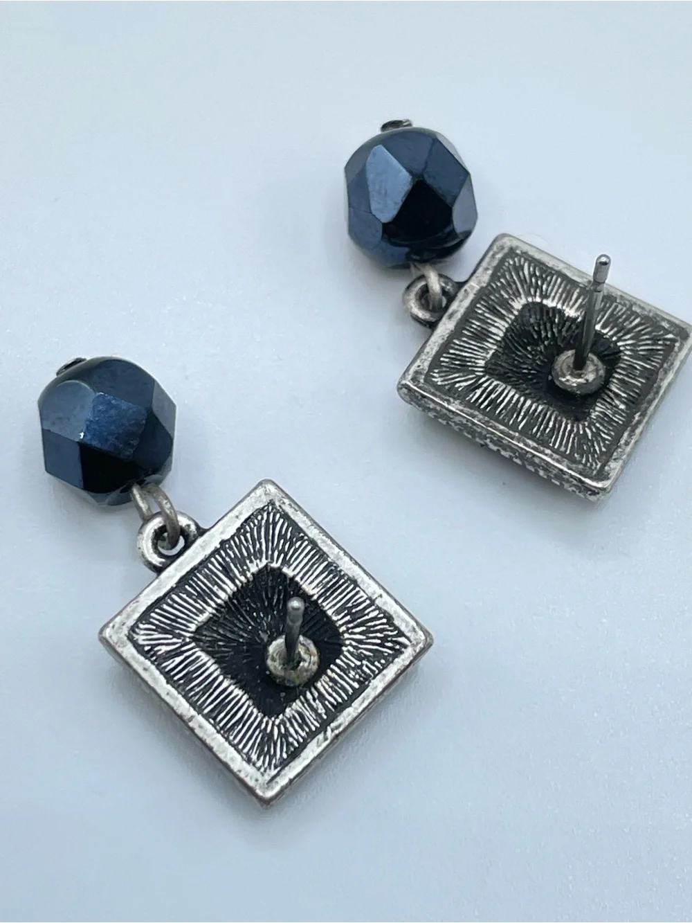 Vintage Silver Tone Blue Crystal Glass Art Deco Dangle Stud Earrings